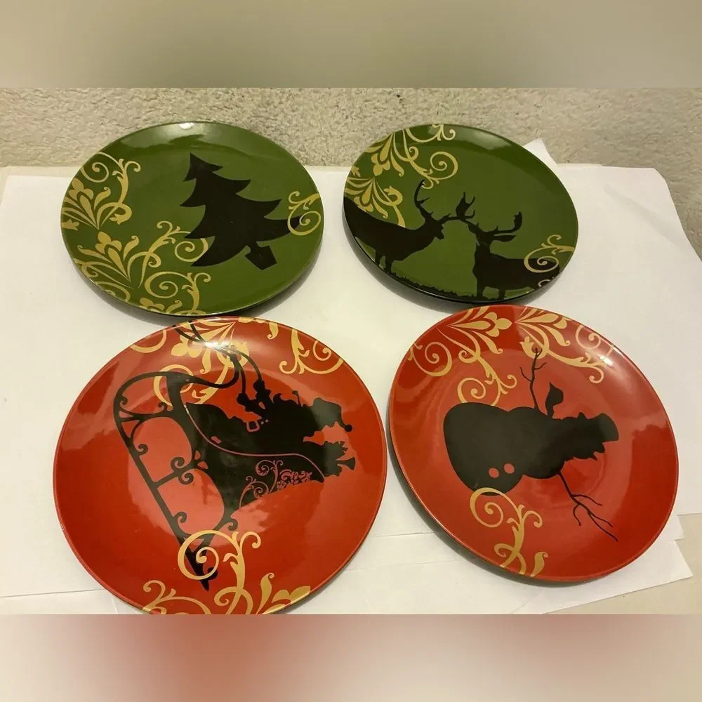 4 noble excellence piece Gold Scroll Black Stoneware Plate